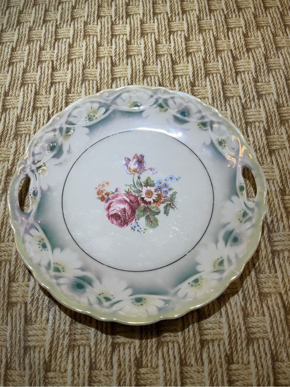 Vintage Floral Porcelain Serving Platter in White and Green